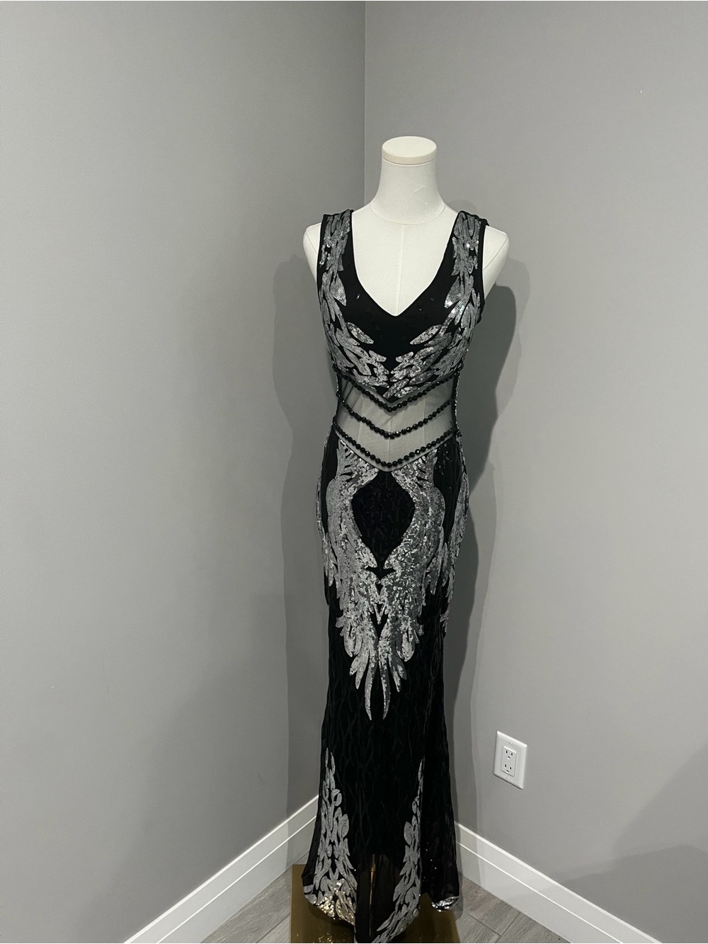 Black V-Neck Beaded Prom Dress with Silver Embroidery